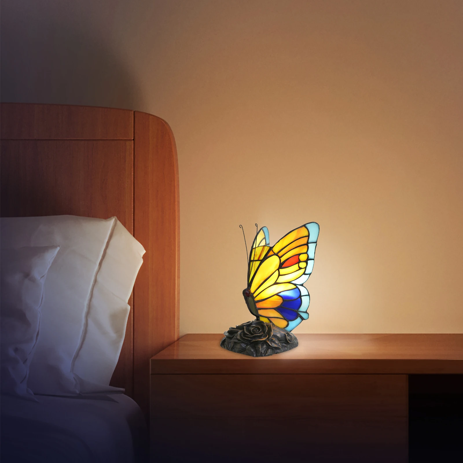 Lampes de chevet Tiffany Yellow Fairy Butterfly, abat-jour en verre teinté, lampe de bureau pour la maison ou le bureau, veilleuse, cadeau de Noël