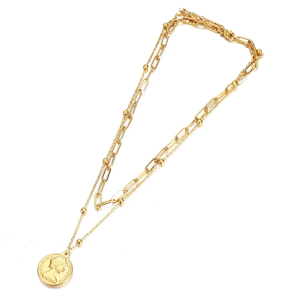MinaMaMa Multi layer Stainless Steel Paperclip Chain Coin Pendant Necklace For Woman Choker Necklaces Jewelry Gift