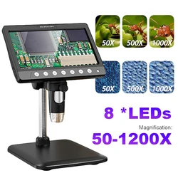 7 Inch IPS Digital Microscope 1200X Magnification Soldering Microscope 8LED Adjust Light Electronic HD Magnification Endoscope