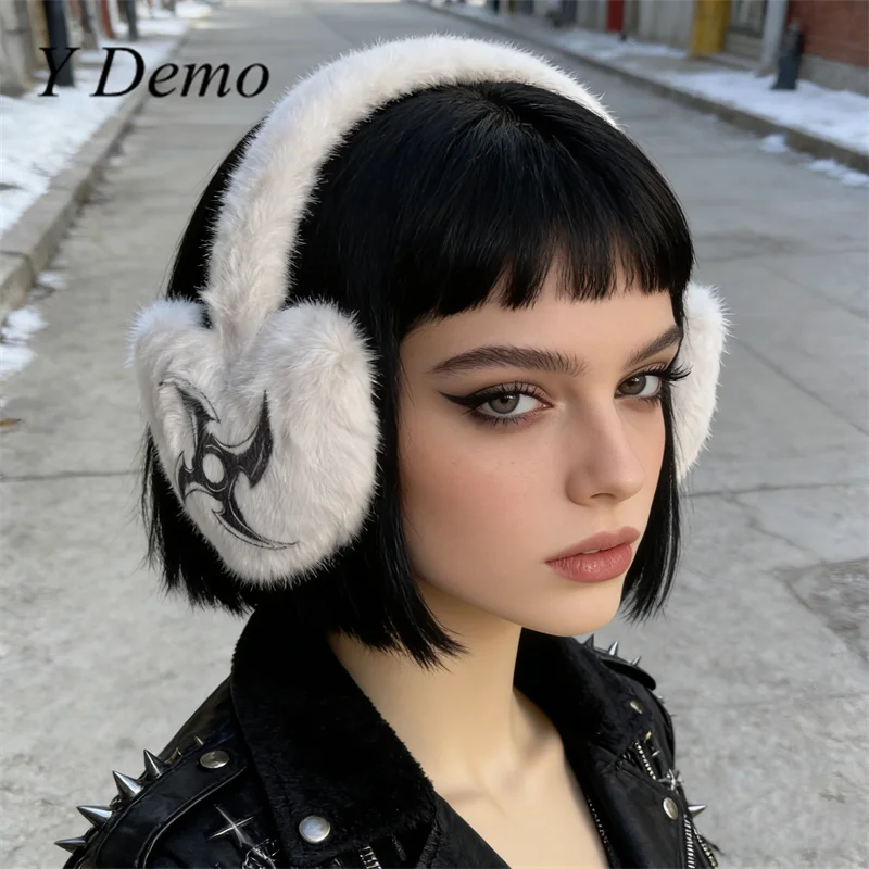 y-デモ-レディース-ベージュ-ファジー-ハート-イヤーマフ-ゴシック-ダーツ-レターズ-プリント-冬-暖かい-プラッシュ-コスプレ-イヤーカバー