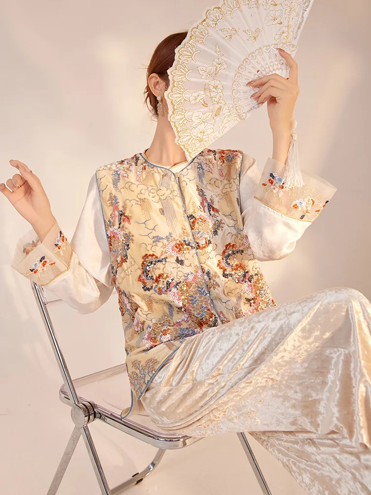 Chinese Tang Suit Clothes Luxury Sequin Embroidery Hanfu Vintage Mandarin Collar Jacket Lady Elegant Tops Spring Autumn Outwear