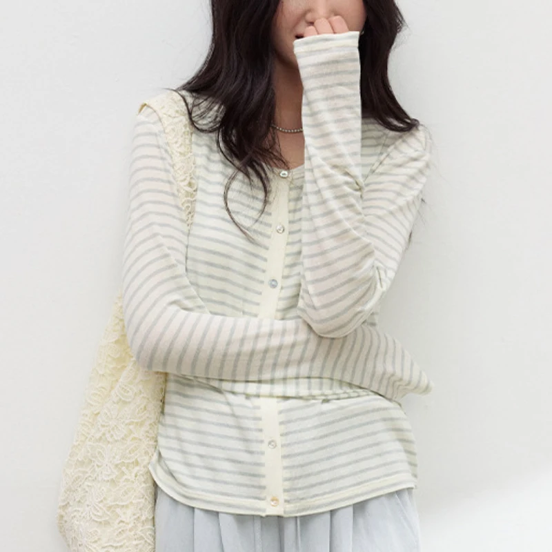 Spring Summer Women's Acetate Linen Cardigan Silk Lyocell Thin Cardigan Simple Buttoned Striped Top