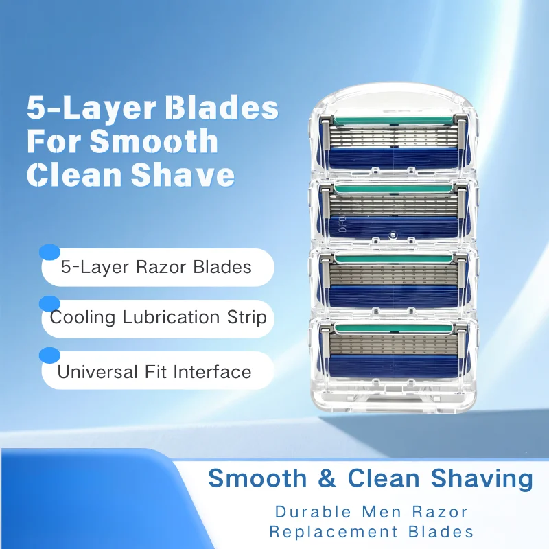 Blue 5 Layer Razor Refill Cartridges 4Pcs/Box 6CR13 Stainless Steel Men Shaver Blades With Lubricating Strip Compatible With Mac