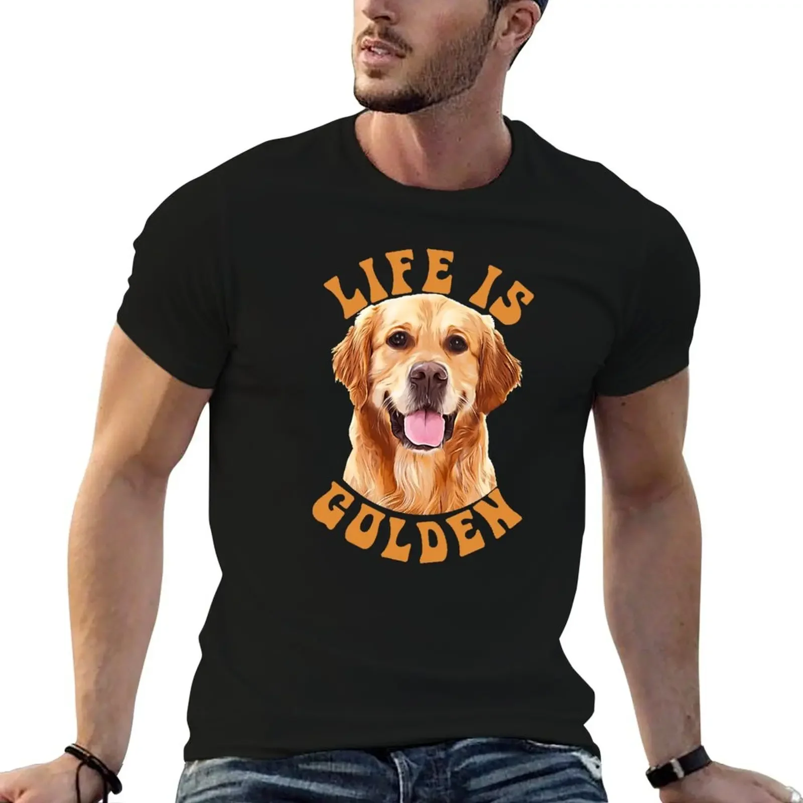 Life is Golden| Watercolor Golden Retriever Puppies T-Shirt man t shirt Short sleeve tee plain quick-drying Men's t-shirts