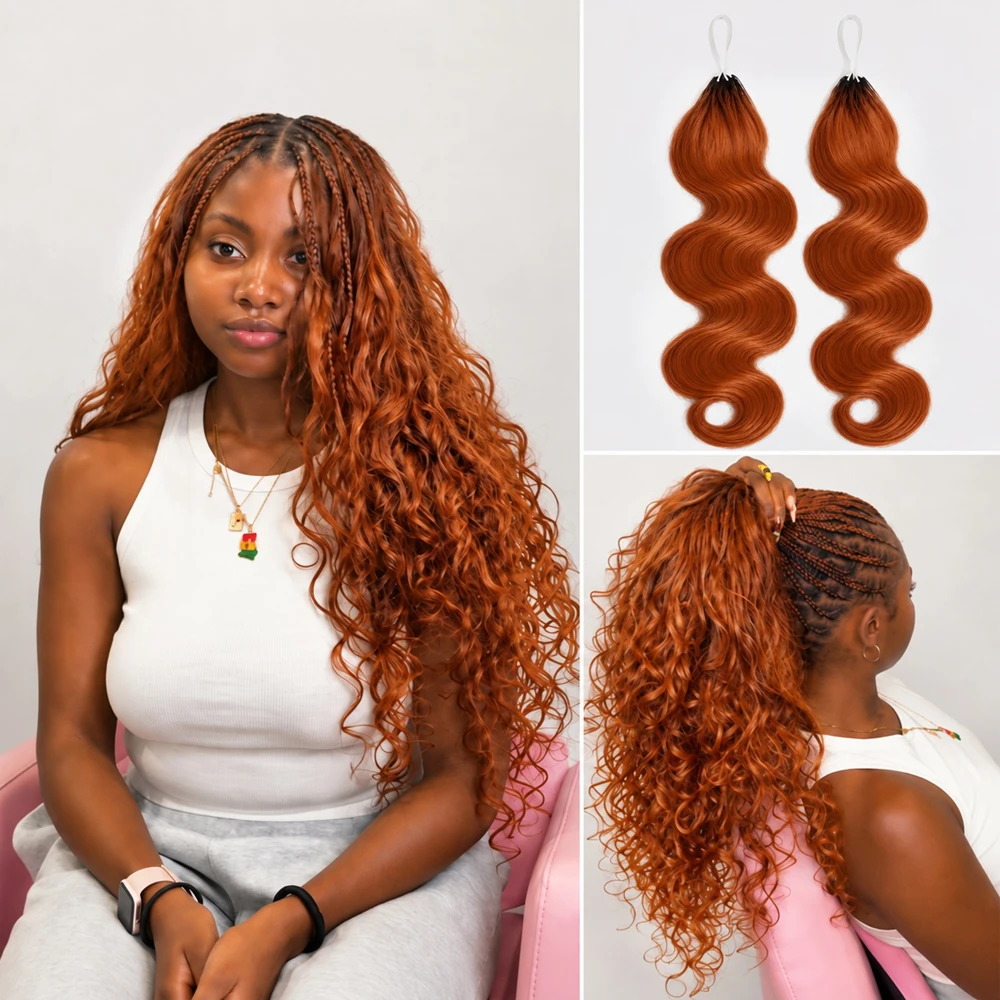 Ginger Copper Body Wave Feather Crochet Human Hair Knotless Pre Separated Boho Braiding Extensions Soft Natural Look For Women