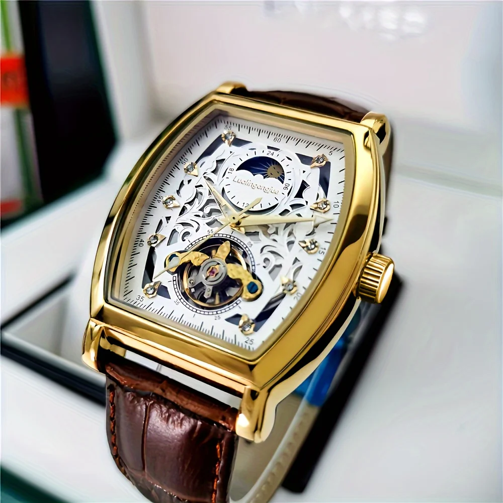 Business Men's Mechanical Wristwatch, Automatic Winding, Skeleton Design, Barrel-Shaped Dial, Leather Strap, European and American Style High-End Fashion Casual Simple and Unique Men's Watch, Suitable for Various Occasions, the Best Gift for Him