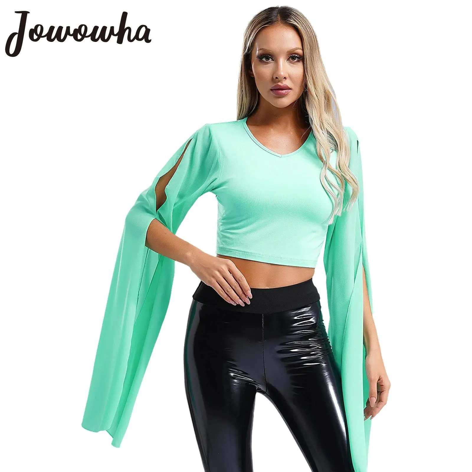 Womens Lyrical Dance Crop Top Solid Color Split Long Sleeve V Neck Tops for Classical Dancing Training Stage Performance Costume