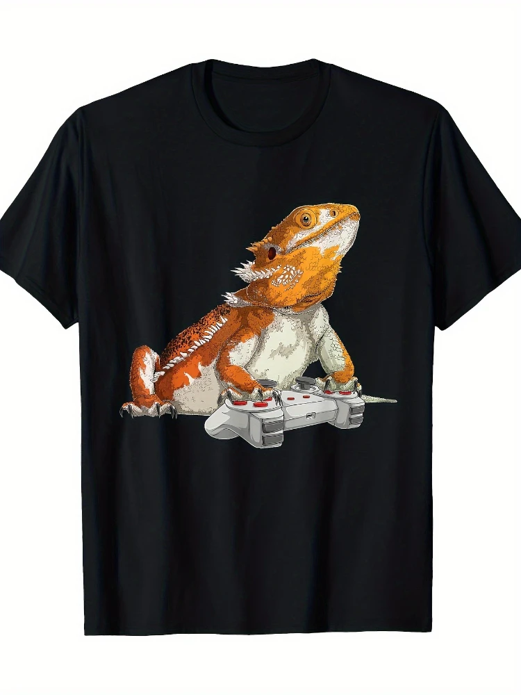 Dragon Playing Video Games Reptiles Lizard Gamers pattern design-100% cotton O-neck short sleeve casual printed men's T-shirt.