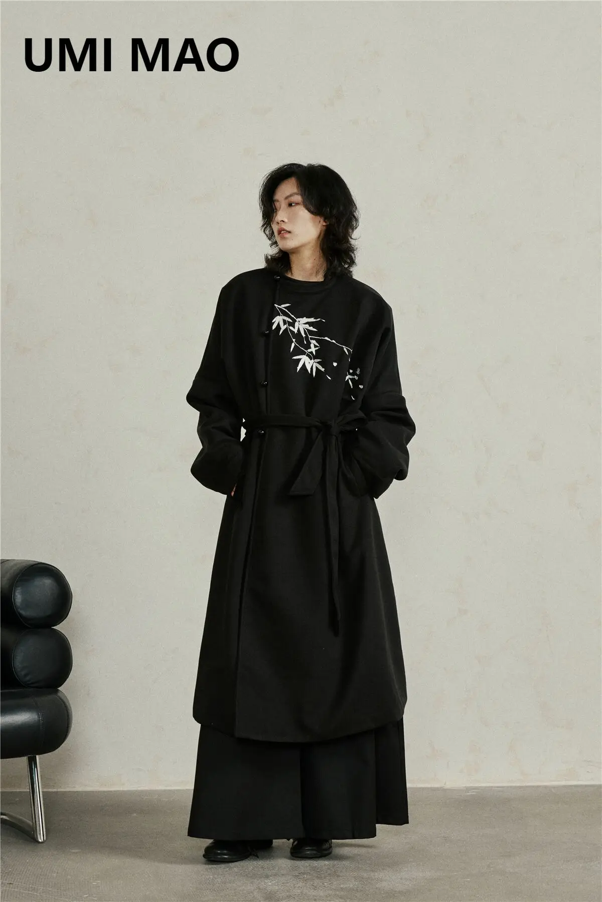 UMI MAO Trench Coat Chinese Style Bamboo Leaf Embroidery Diagonal Placket Knee Length Woolen Jacket Men Women