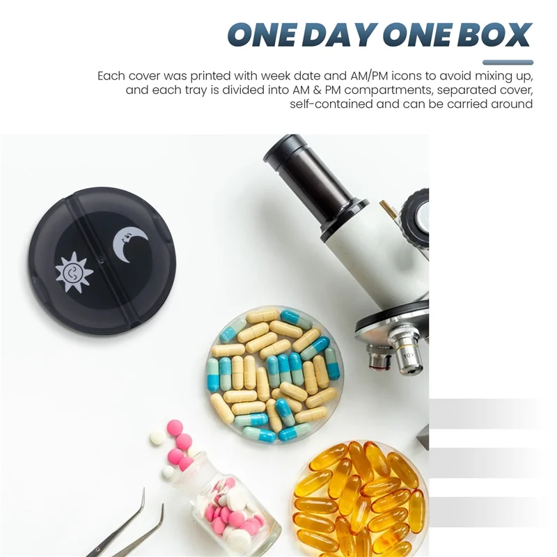 AD23-منظم حبوب الدواء اليومي (يوم مرتين) - صندوق حبوب أسبوعي AM/PM، منظم دواء دائري، حاوية حبوب منع الحمل لمدة 7 أيام