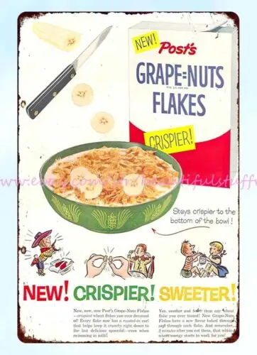 signs sale 1950s Post's grape nuts flakes cereal childhood memory metal tin sign