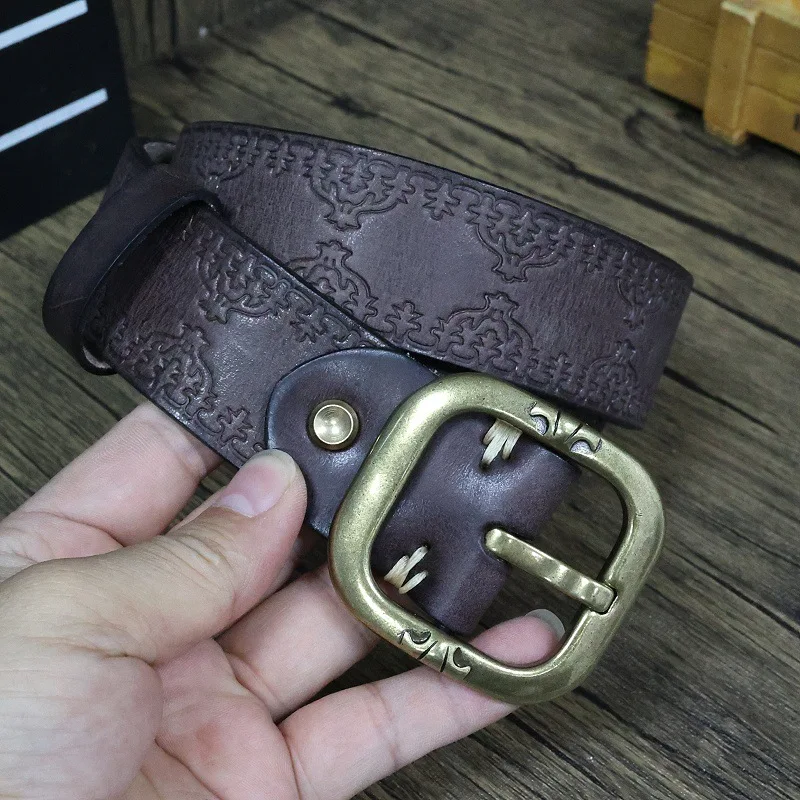 

Мужской ремень ручной работы из итальянской воловьей кожи в стиле ретро, женский медный ремень с узором из натуральной кожи, универсальные джинсы, повседневный ремень нейтрального цвета