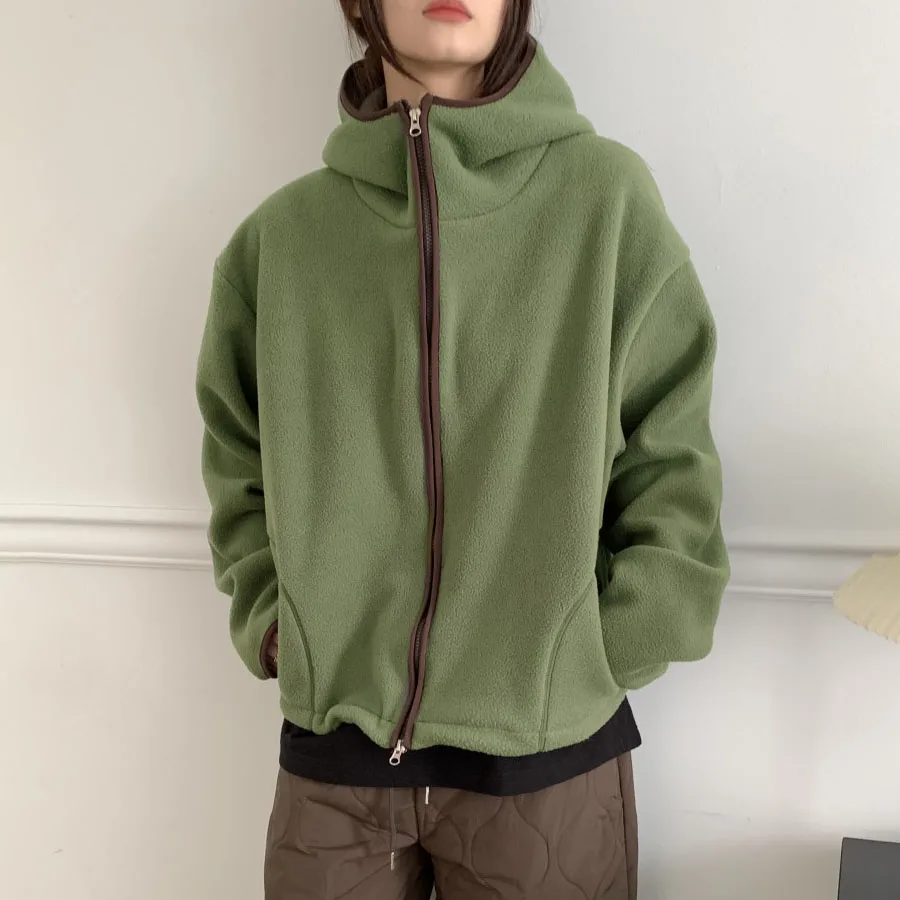 Fleece Hooded Jacket for Women Autumn New Color Blocking Zip Up Loose Outerwear Chic Loose Warm Drawstring Velvet Coat