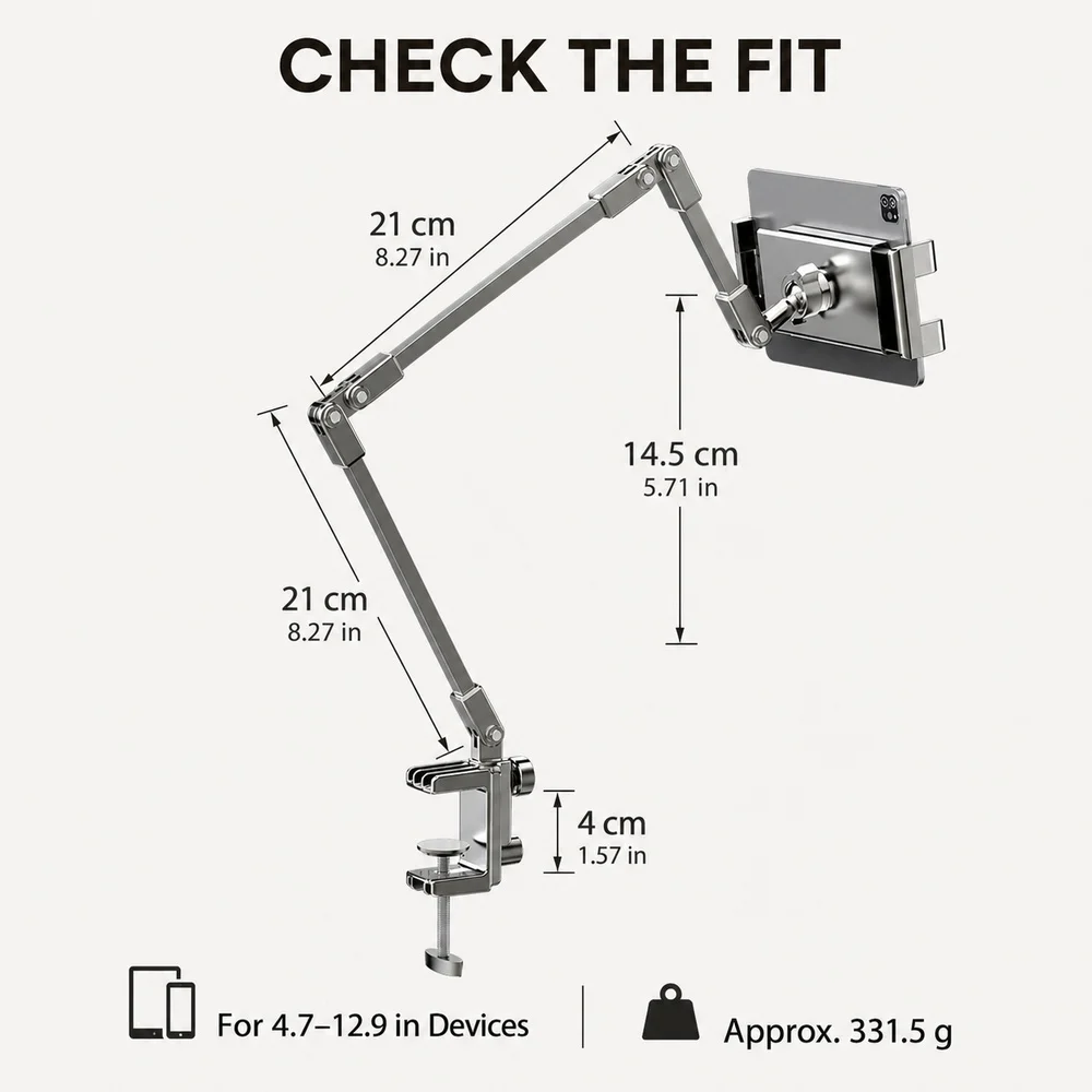 Adjustable Bed Phone Holder Stand for 4.7-12.9 Inch Phone Tablet, Foldable Metal Arm Desk Clamp, 360° Viewing view 4
