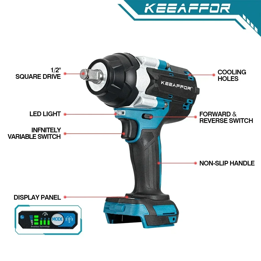 KEEAFFOR 1800N.M Torque Brushless Electric Impact Wrench 1/2Inch 5 Gears Cordless Drill Power Tools For Makita 18V Battery