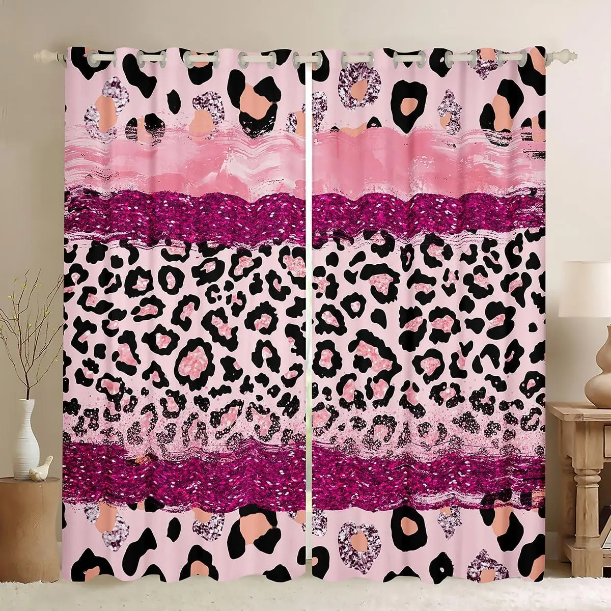 Bohemian Leopard Print Curtain Panels Pink Purple Polyester Tropical Animal Print Window Drapes for Home Decor Living Room Bedro