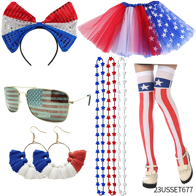 PESENAR American Flag Costume Accessories Set Red White Blue Tutu,Necklaces,Tassel Earring,Sunglasses,Bow Headband,Stocking