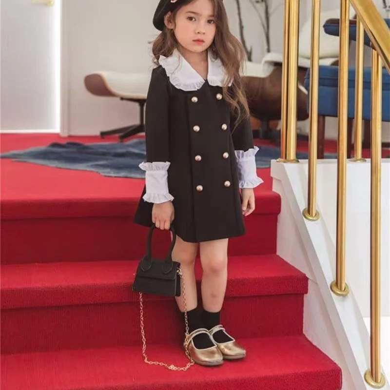 Spring Autumn Girls Fashion Princess Long Sleeve Double-breasted Dress Kids Clothes