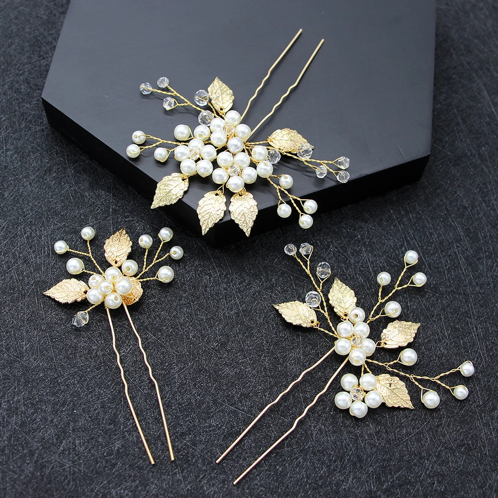 

3Pcs Alloy Leaf Bridal Hairpins U Shaped Pearl Crystal Wedding Hair Clips Accessories for Women Party Wedding Hairpin