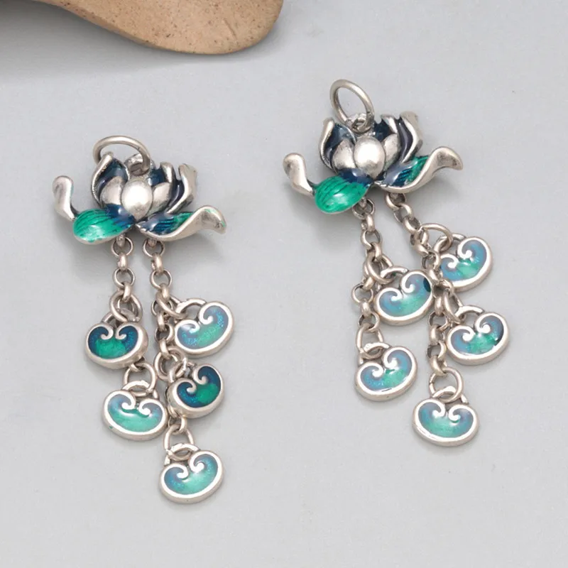 Etnische 925 Sterling Zilver Emaille Lotusbloem Hanger met Kwastje Ruyi Sieraden Maken Vintage DIY Handgemaakte Kralen Materiaal DZ003