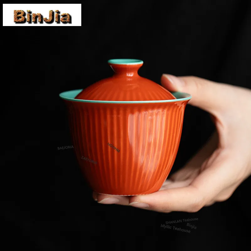 BAEJORIA 145ml Palace Museum Red Turquoise Green Gaiwan Vintage Tea Tureen Tea Bowl With Lid Kit Tea Maker Cover Bowl