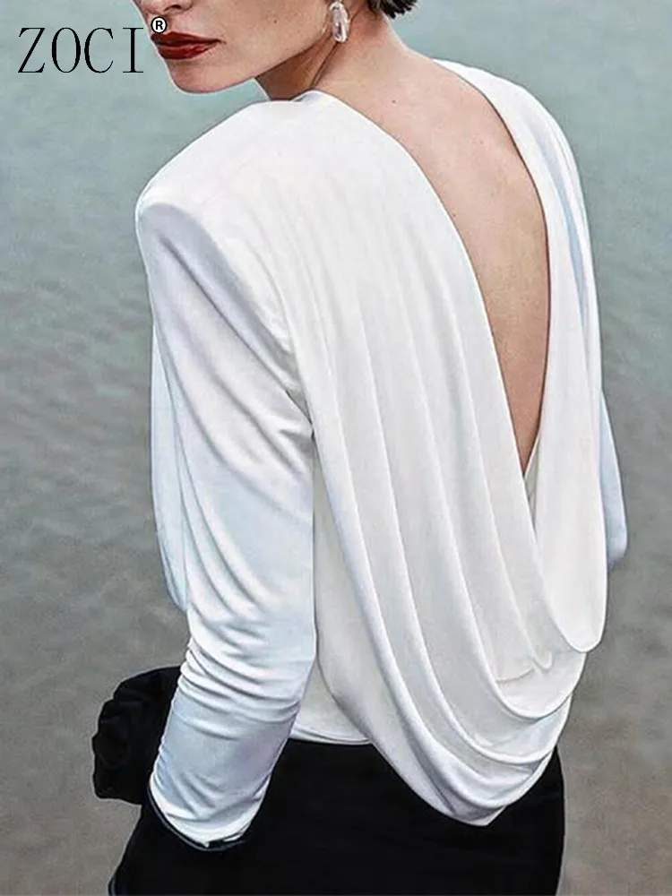 

ZOCI модная женская однотонная базовая рубашка с открытой спиной и длинными рукавами, футболки с круглым вырезом, повседневные женские пуловеры, топы, новинка осени 2023 г.