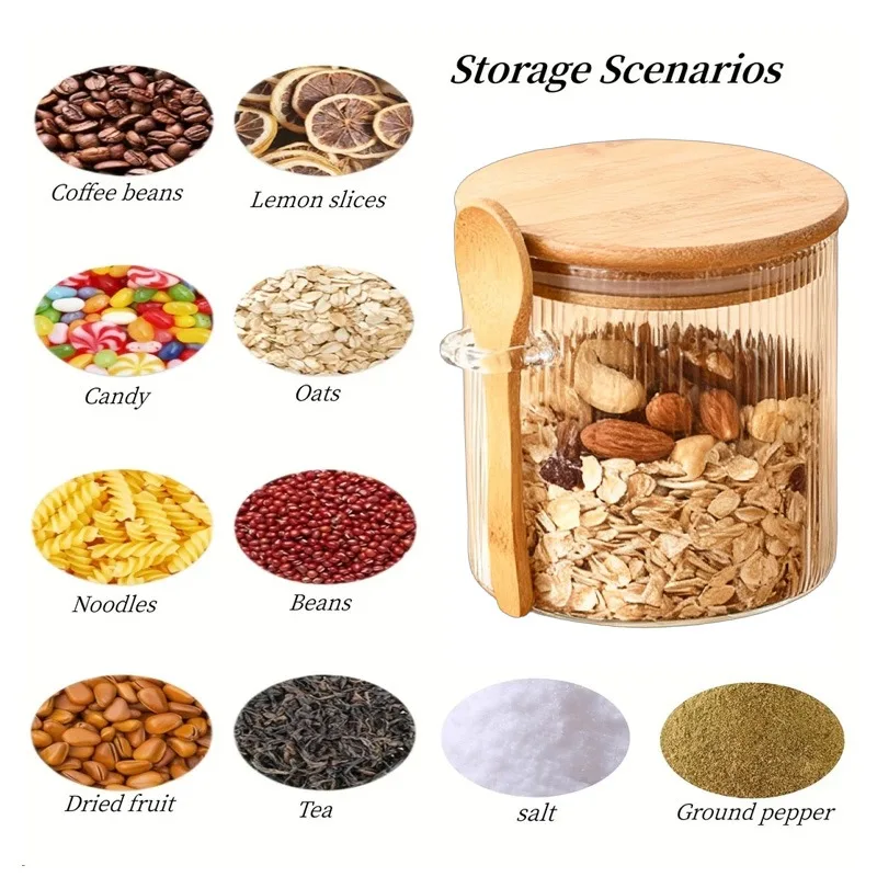 Glass Sealed Jar with Vertical Stripes Kitchen Glass Seasoning Jar with Wooden Spoon and Bamboo Lid Coffee Bean Storage Bottle