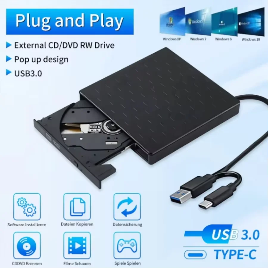 2 in 1 USB 3.0 Slim Type-C External DVD Drive RW CD Writer Burner Reader Player Optical Drives DVD Portable For Laptops Desktop