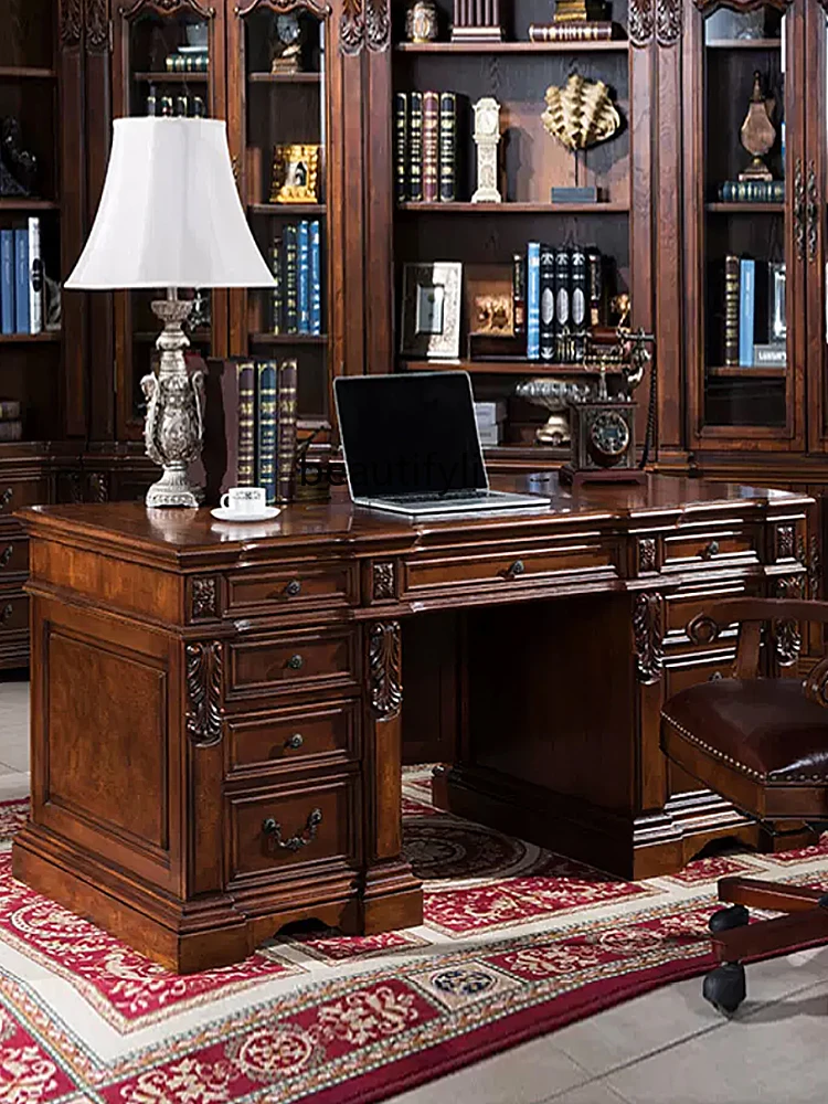 American-Style Solid Wood Desk European-Style Executive Desk Home Computer Desk Rubber Wood Movable