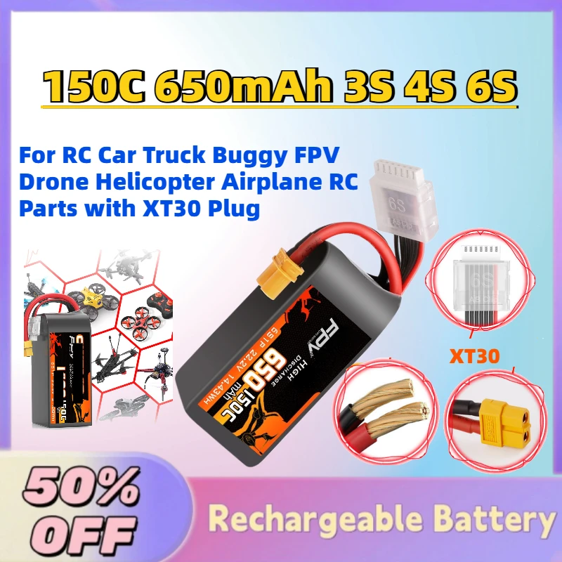

Upgrade New 150C 650mAh 3S 4S 6S Lipo Battery for RC Car Truck Buggy FPV Drone Helicopter Airplane RC Parts with XT30 Plug