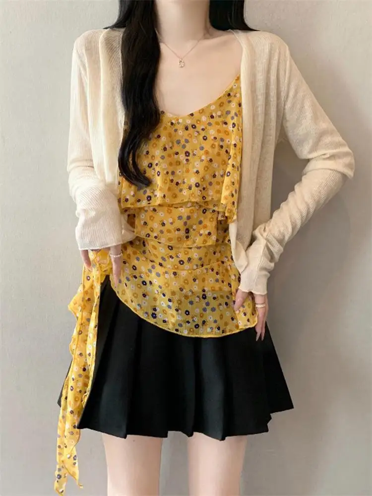 Floral Lace Trim Halter Vest Women's Summer Slimming Sun Protection Two-Piece Set Casual V-Neck Print Loose Fit Commute Style