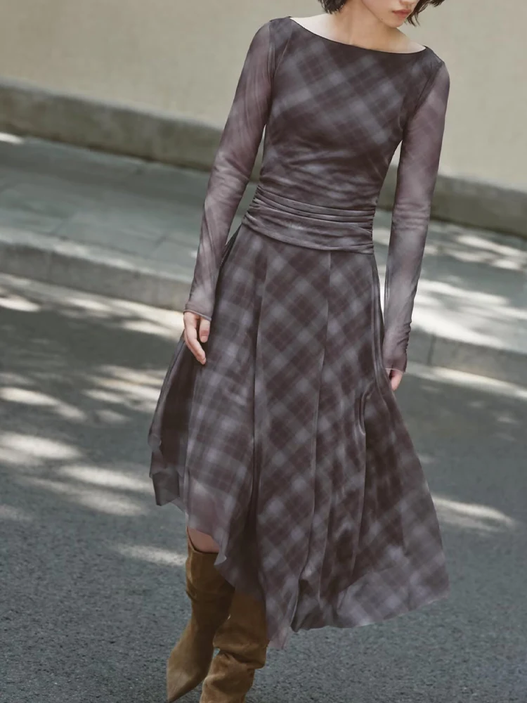 النمط الأوروبي والأمريكي الخريف موضة جديدة الملابس النسائية غير النظامية مطوي مزاجه سليم فستان منقوش من التول #1