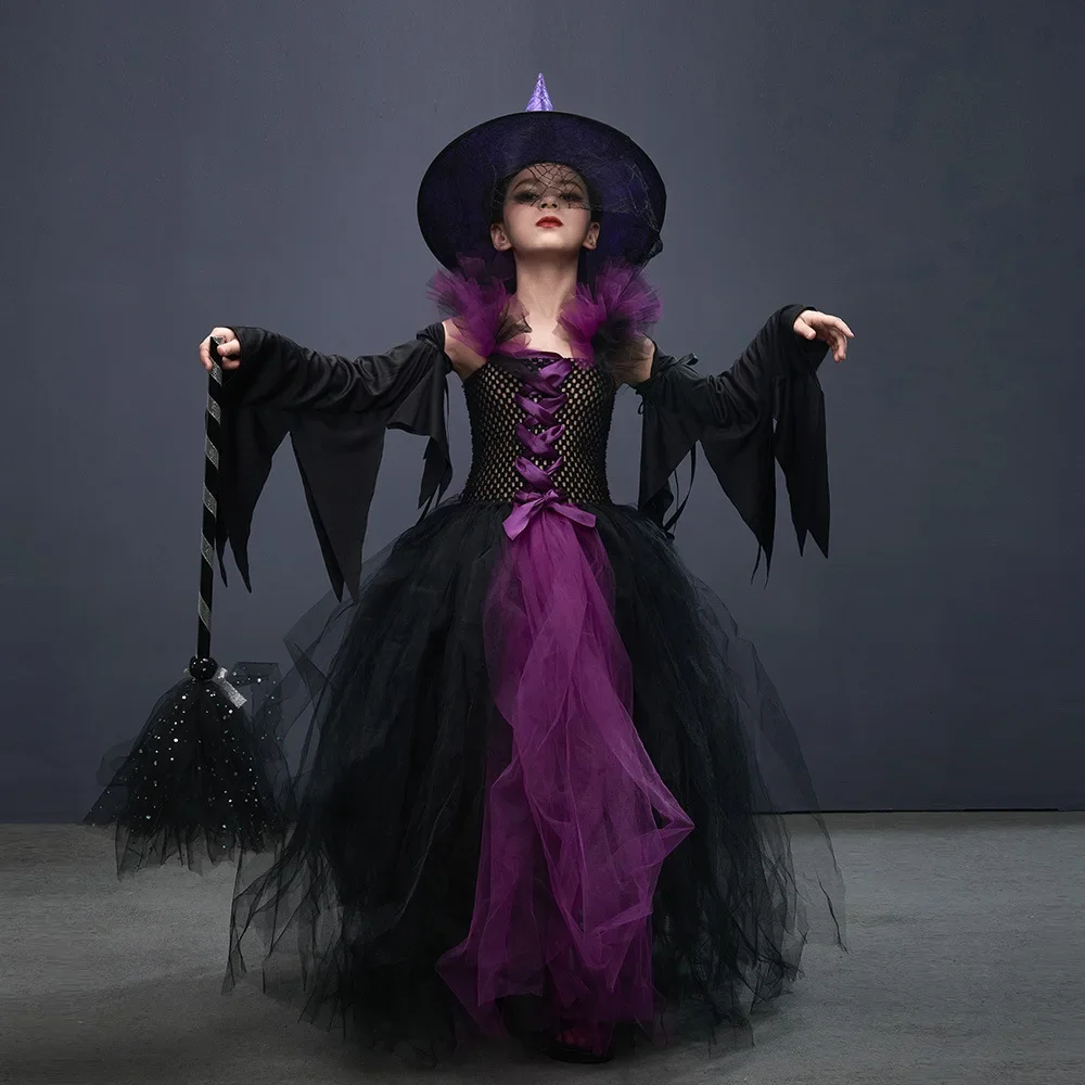 Cosplay Bat Sleeve Witch Costume Girls Elegant Dresses Cos Sorceress Performance Clothes Halloween Party tulle skirt Children