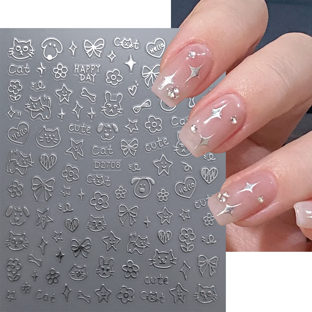 1Pc y2k Cute Cat Paw Cartoon Graffiti Nail Stickers Metal Stars Bowknot Bunny Nail Decals Animals Pattern Nail Art Decorations
