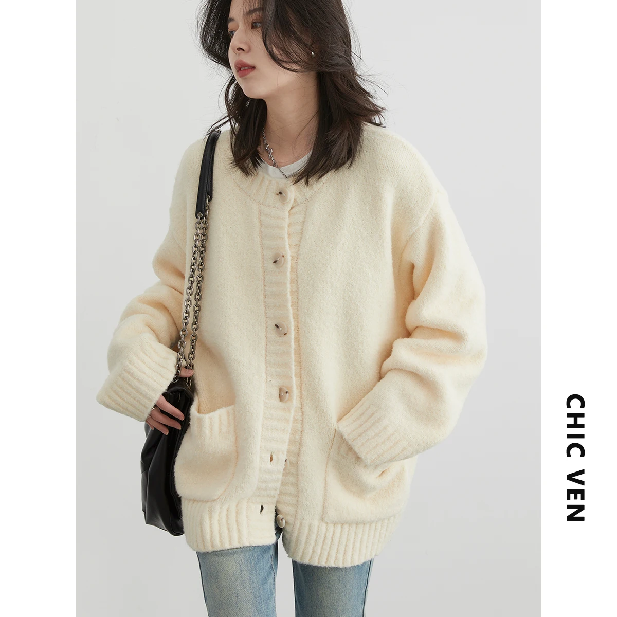 CHIC VEN Women Cardigan Solid New Loose O Neck Female Single Breasted Sweater Coat Knitted Jumpers Spring Autumn 2024