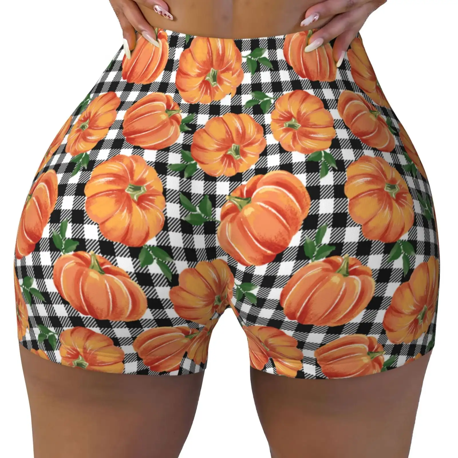 Autumn Pumpkins Gingham Print Workout Shorts for Women Seamless Soft Smooth Gym Yoga Scrunch Active Shorts