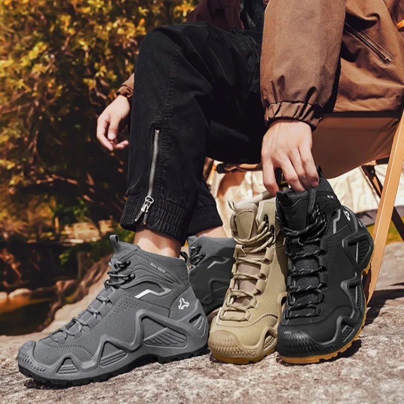 

Large Size Men Work Shoes Autumn Vintage Non Slip High Top Hiking Boots Comfort Lace Up Height Increase Wear-resistant Sneakers
