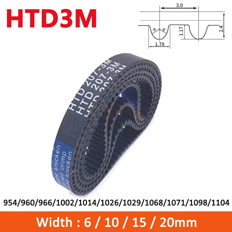 

1pc HTD3M Timing Belt 954/960/966/1002/1014/1026/1029/1068/1071/1098/1104mm Width 6/10/15/20mm Rubber Closed Synchronous Belt