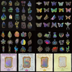 50pcs Laser Butterfly Plant Transparent Stickers Vintage Diary/Computer /Suitcase Decor Holographic Glitter Waterproof Sticker