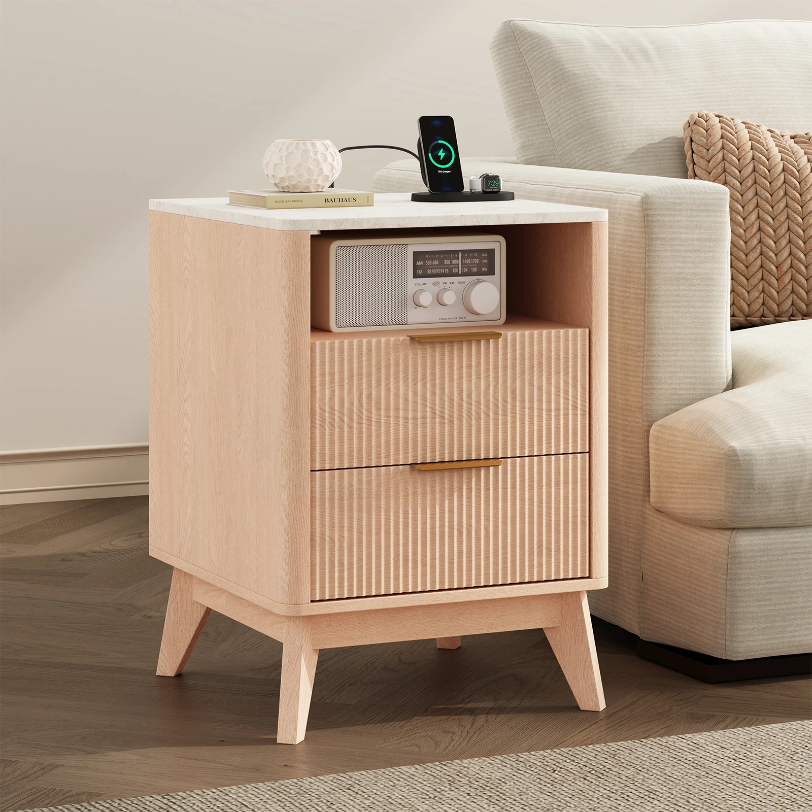 JHK 1/2 Pack 18IN 2 Drawers Wooden Nightstand with Charging Station Bedside Table with with Faux Marble Top Mid-Century Modern Night Stand for Bedroom