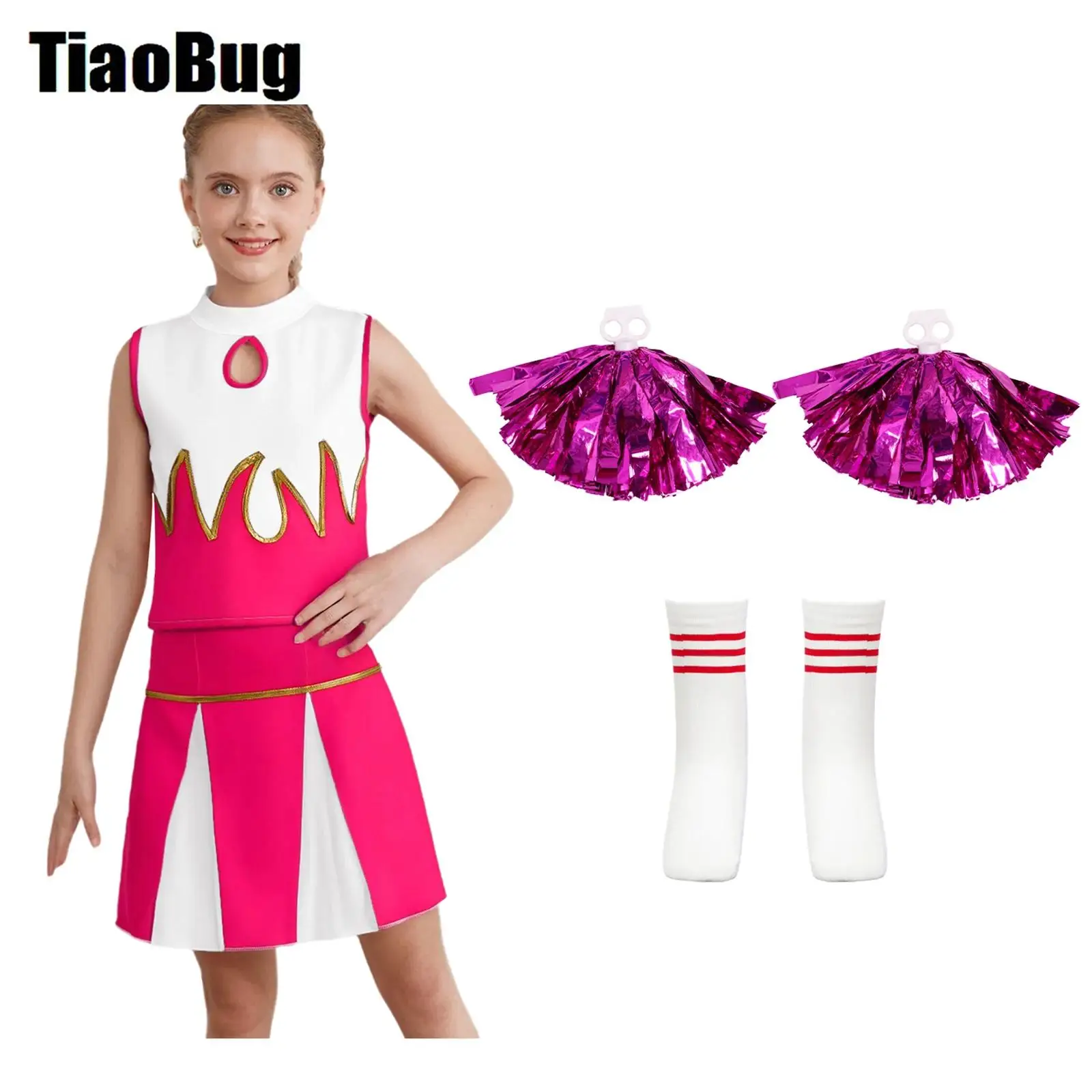 

Girls Cheerleading Dance Outfi Performance Costume Sleeveless Crop Top Sequin Crop Top with Pleated Skirt Flower Balls And Socks
