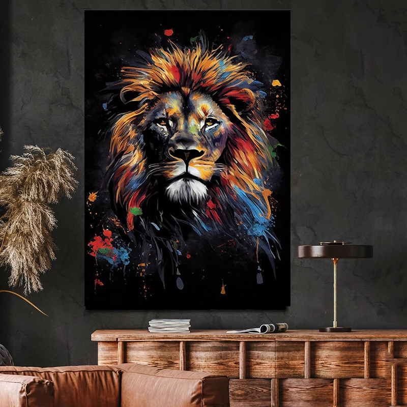 Löwenkopf-Dschungel-Tier-Stil, abstrakte Malerei, Graffiti, Wandkunst, Poster und Drucke, Leinwandbild für Büro, Zimmer, Heimdekoration