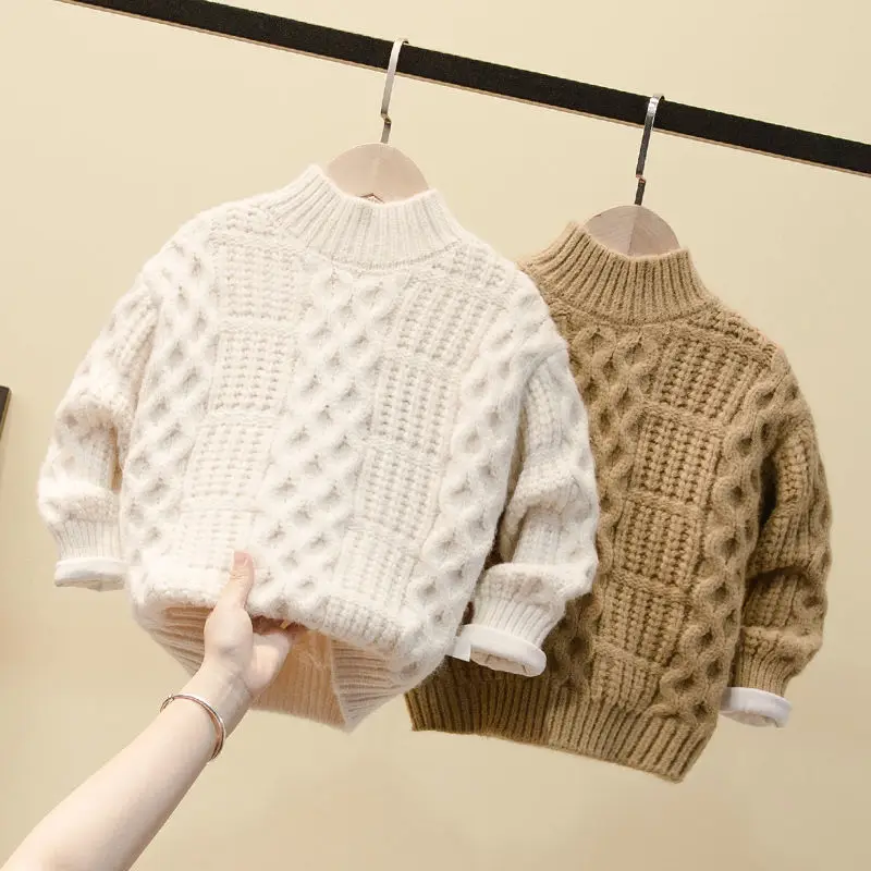 

Autumn and Winter Boy's Pullover Half Turtleneck Children's Sweater 2020 round Neck Bottoming Shirt plus Velvet Thickened