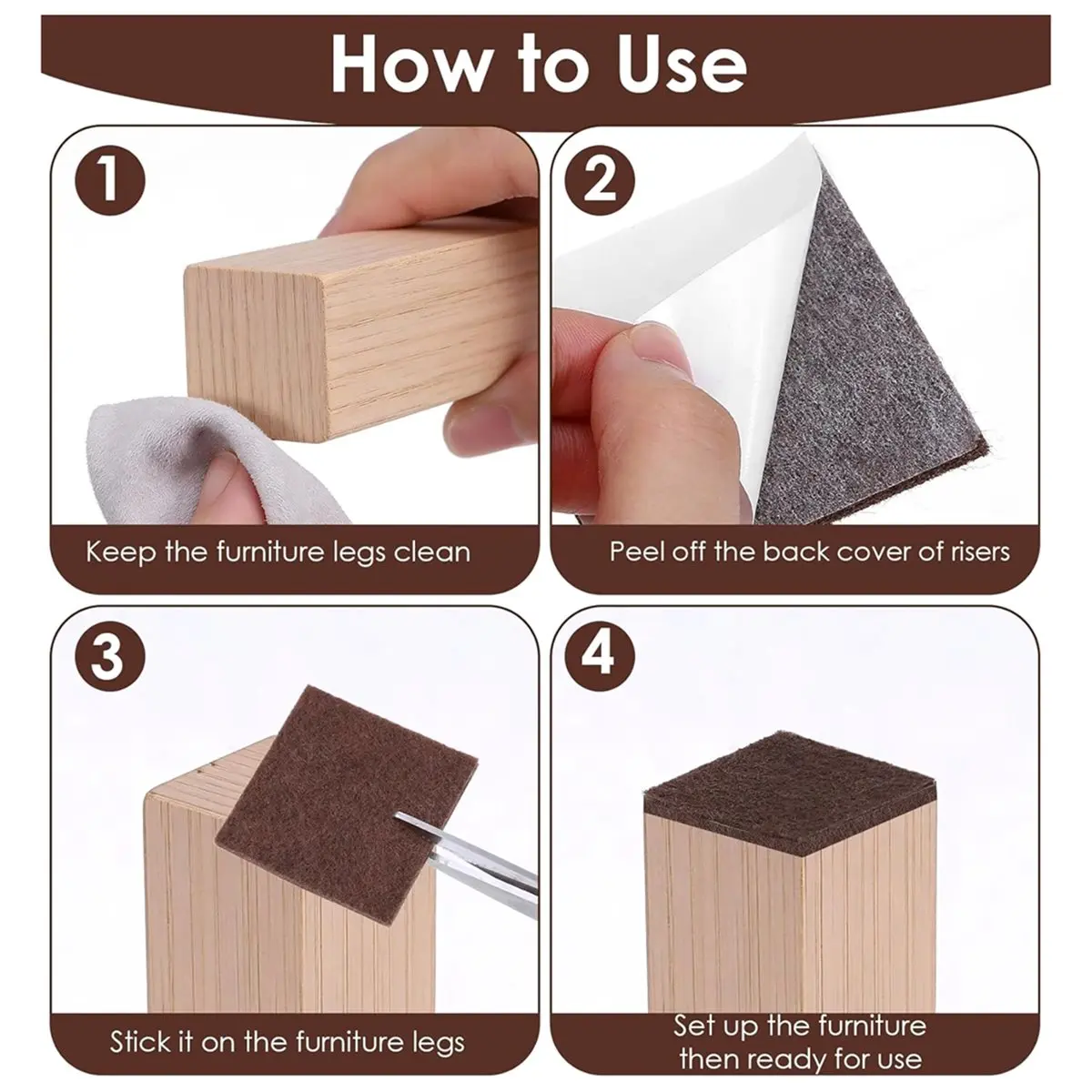 18-Piece Set of Furniture Felt Pads, Small Square Self-Adhesive Cuttable Chair Leg Floor Protectors, Brown FeltFurniture