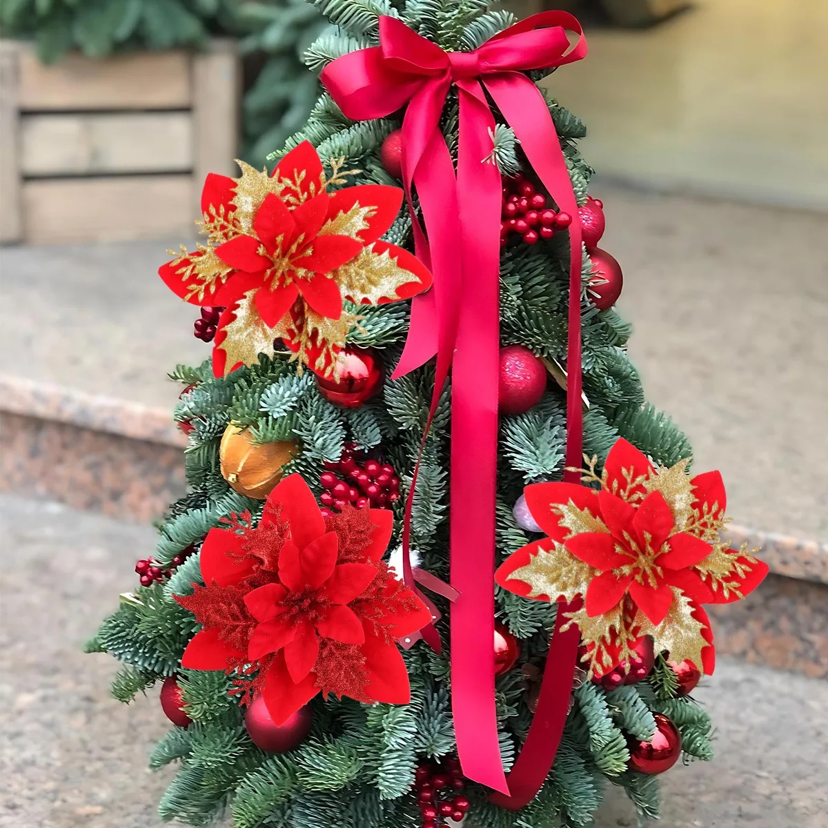 5/10Pcs 14.5cm Christmas Decoration Artifical Flower Ornaments Pink Red Gold Glitter Fake Flowers For Xmas Tree Home Decor image 6