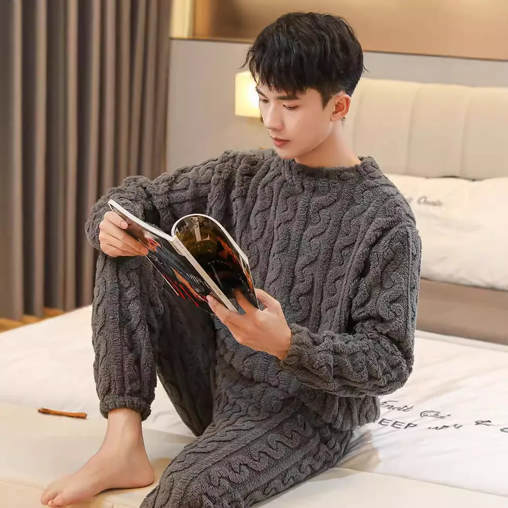 Coral Fleece Pajamas Men's Fall and Winter Thickened Padded Homewear Suit Warm Ladies Teen Facecloth Pajamas Homewear Suit