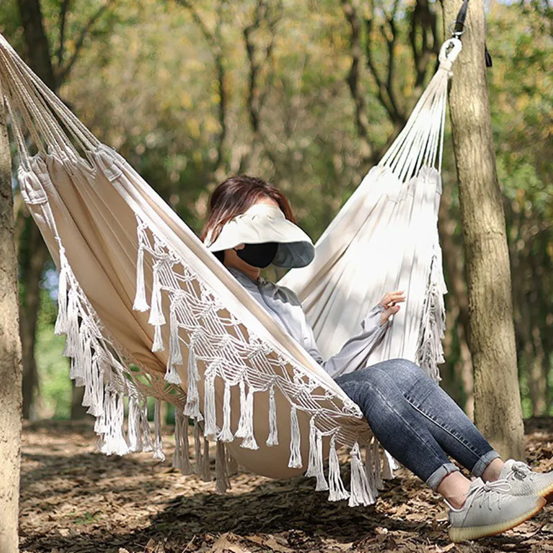 Cotton Macrame Mesh Hammock Outdoor Furniture Leisure Portable Single Bedroom Garden Camping Lightweight Boho Hanging Swing Seat