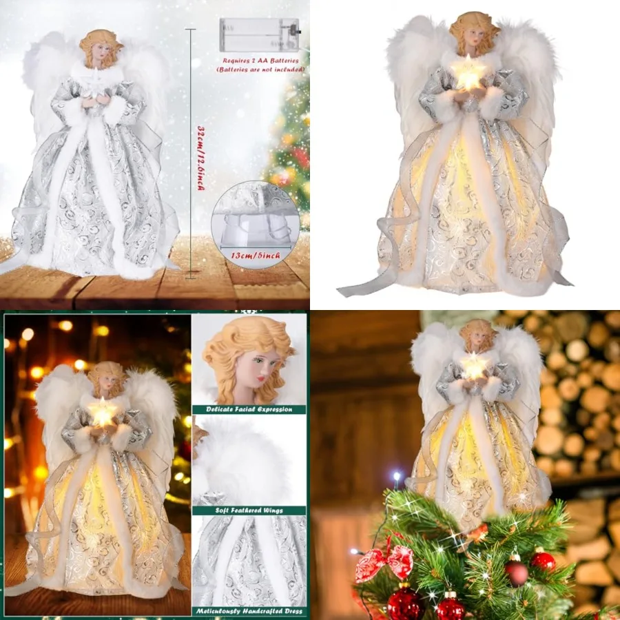 12-calowy aniołek na szczyt choinki z białymi piórami i podświetleniem LED, idealny do dekoracji świątecznych w domu.