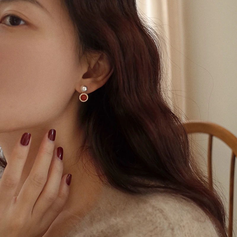 

Red pearl earrings women's light luxury high-end sense retro temperament earrings