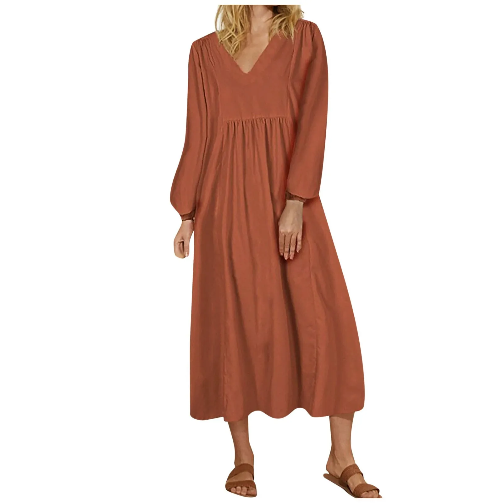 2024 High-quality Летнее платье Women\'s Summer And Autumn Minimalist V-neck Cotton Linen Loose Sleeves Long Sleeve Dress